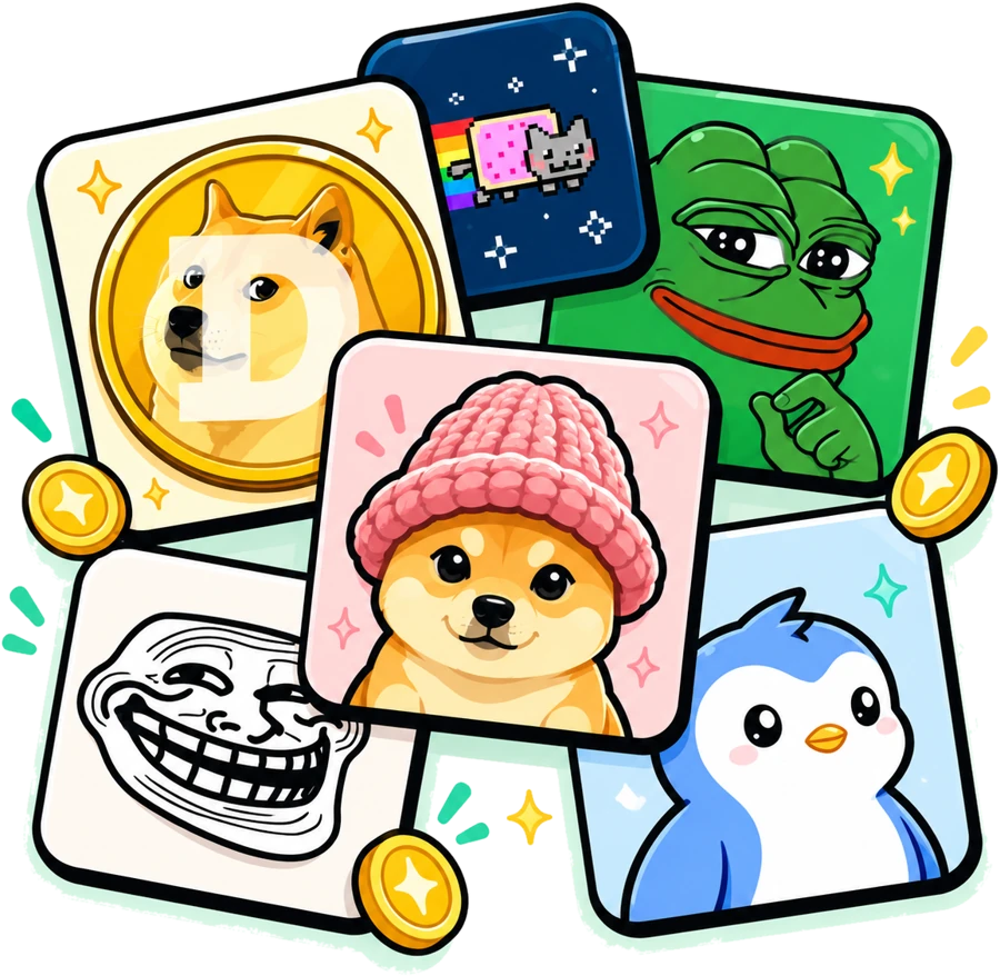 Illustration: famous meme coins (Doge, Nyan Cat, Pepe, the dog in a pink hat, Trollface and a Pudgy Penguin) piled up with gold coins